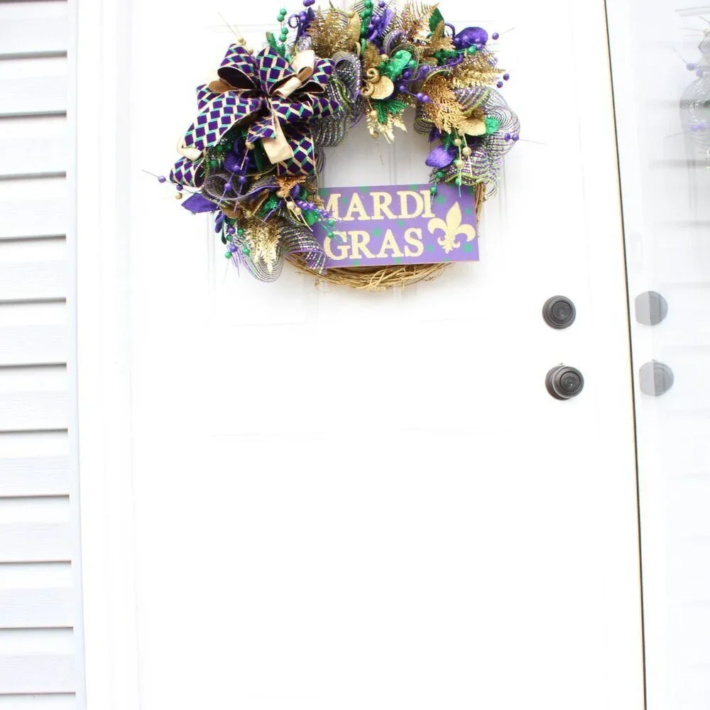 Fancy Mardi Gras Grapevine Wreath for Front Door, Fleur de Lis Decor, Gold Purpl